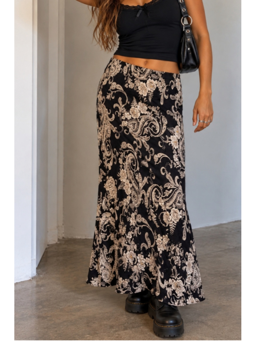 VTG Y2K Dressbarn Whimsigoth Sequin Paisley Floral Midi Skirt Black Beige XL